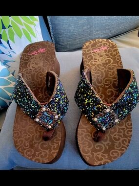 Blazin Roxx Brown Beaded Flip Flop Sandals with Multicolor Gems